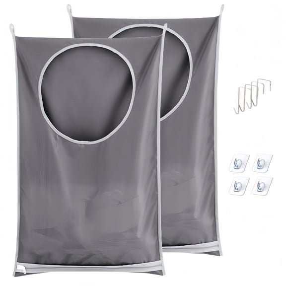 2 Pack Hanging Laundry Hamper Bag, Over the Door Dirty Clothes Basket with Bottom Zipper, Large Capacity Wall Mount Laundry Organizer with Hooks & Adhesive Stickers for Bathroom Bedroom