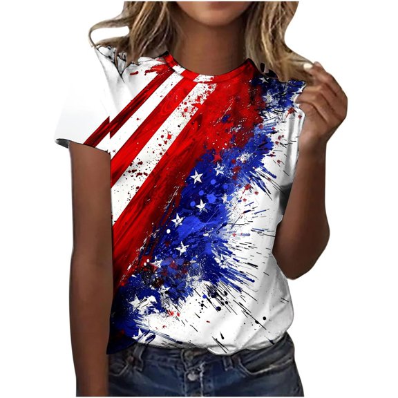 Saves Womens 4Th of July Summer T-Shirt，Summer Plus Size Tunic Tops Usa Flag Star Graphic Tee Shirts Patriotic T Shirts Round Neck Short Sleeve Tops Retro Trendy Tunic Blouses Beach Vacation Costume