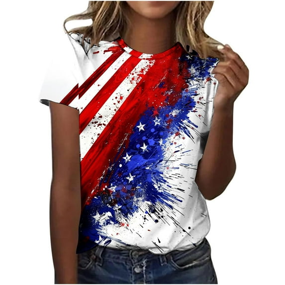 Saves Womens 4Th of July Summer T-Shirt,Summer Plus Size Tunic Tops Usa Flag Star Graphic Tee Shirts Patriotic T Shirts Round Neck Short Sleeve Tops Retro Trendy Tunic Blouses Beach Vacation Costume