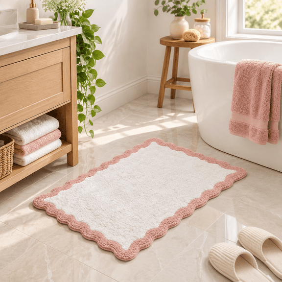 Savi Home Cotton Scalloped Bathroom Rug, Absorbent Anti-Skid Bath Mat, Blush Pink, 20 x 32 Inch