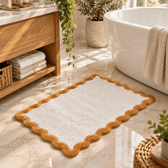 Savi Home Cotton Scalloped Bathroom Rug, Non-Slip Absorbent Bath Mat, Mustard, 20 x 32 in