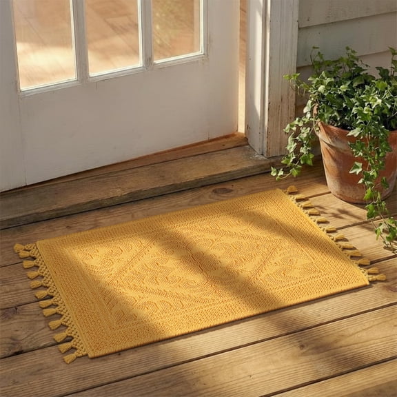 Savi Home Cotton Woven Jacquard Bathroom Rug, Woven Fringe Bathroom Mats, 100% Cotton, Non - Slip Bath Mat, Durable Thick Bath Mat 20”x38” with Fringes, Mustard
