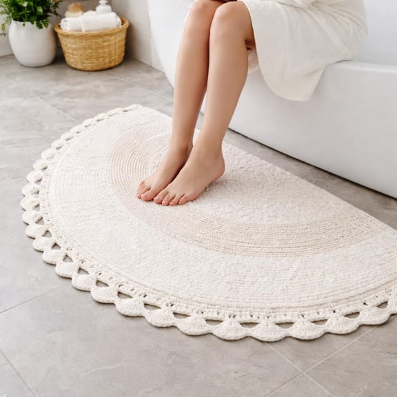 Savi Home Half Moon Circle Bohemian Bathroom Rug with Handwoven Chrochet Border, Beautifully Handcrafted 100% Cotton Mat - 22x42, Half Round Bedroom Rug, Boho Bathroom Dcor,Machine Washable -White