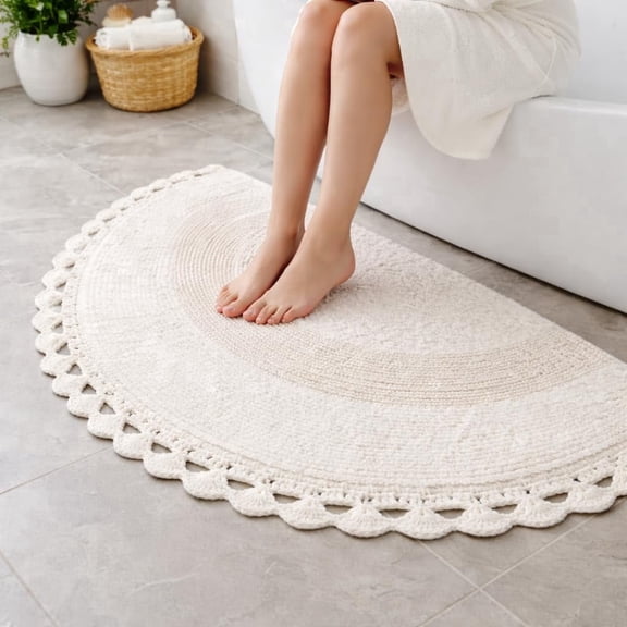 Savi Home Half Moon Boho Bath Rug, Cotton Handwoven Mat, White, 22 x 42 inch