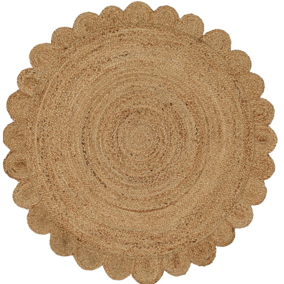 Savi Home Hand Woven Jute Braided Scalloped Rug – 4' Feet Round Natural Reversible Area Rug