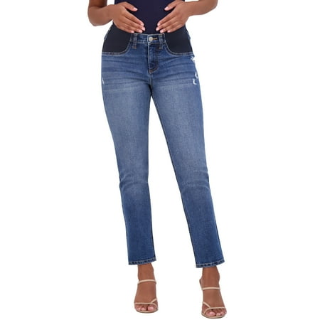 Savi Parker Women's Maternity Jeans Under The Belly – Comfy Stretch Straight Leg Distressed Maternity Jeans - 29" Inseam (L, Marina Wash)