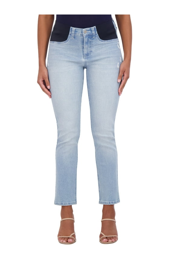 Women's Maternity Jeans Under The Belly – Comfy Stretch Straight Leg Distressed Maternity Jeans - 29" Inseam (L, Savannah Wash)