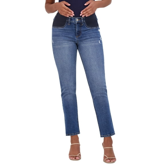 Savi Parker Women's Maternity Jeans Under The Belly – Comfy Stretch Straight Leg Distressed Maternity Jeans - 29" Inseam (XL, Marina Wash)