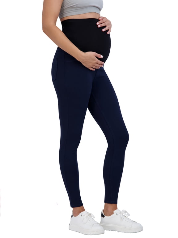 Women’s Ponte Maternity Leggings with Pockets – Pregnancy Clothes for All Seasons – 28” Inseam (L, Navy)