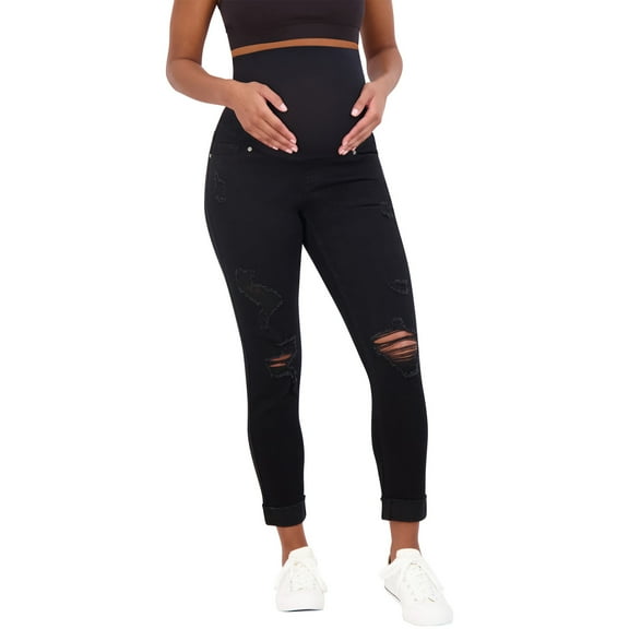 Savi Parker Women’s Ripped Maternity Jeans Over The Belly - Motherhood & Pregnancy Jeans, Maternity Clothes – 27” Inseam (L, Black Rinse)