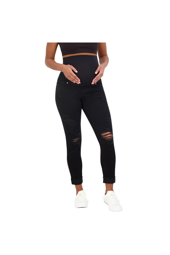 Women’s Ripped Maternity Jeans Over The Belly - Motherhood & Pregnancy Jeans, Maternity Clothes – 27” Inseam (L, Black Rinse)