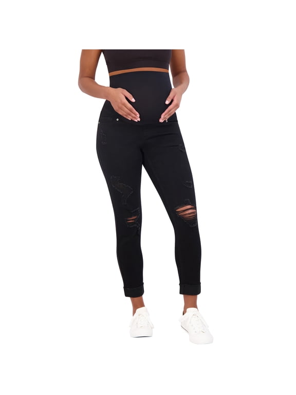 Women’s Ripped Maternity Jeans Over The Belly - Motherhood & Pregnancy Jeans, Maternity Clothes – 27” Inseam (L, Black Rinse)
