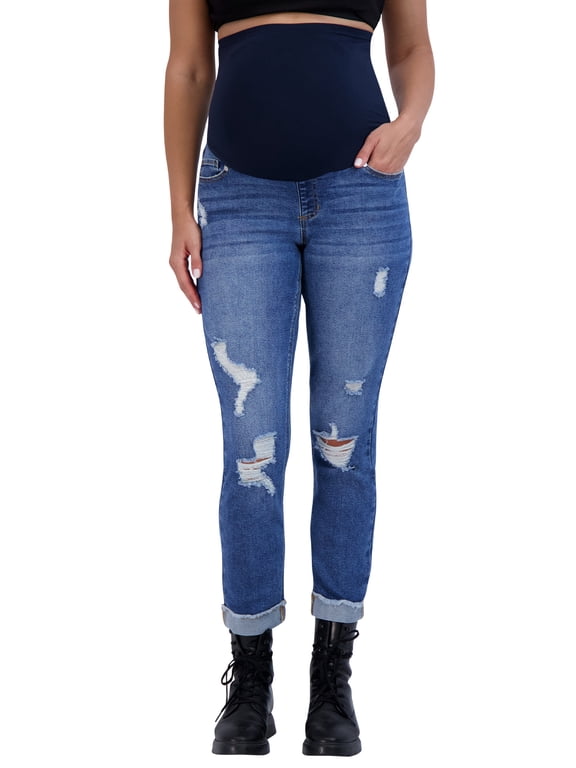Women’s Ripped Maternity Jeans Over The Belly - Motherhood & Pregnancy Jeans, Maternity Clothes – 27” Inseam (S, Marina Wash)
