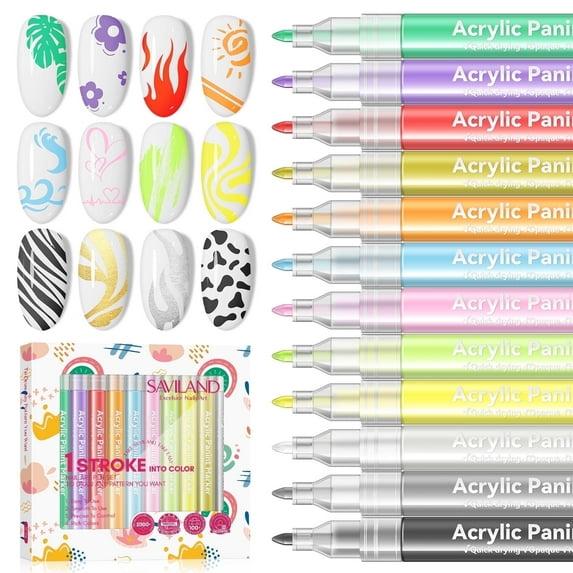 Saviland 12 Colors Nail Art Pens Set - 3D Nail Polish Pens Graffiti Nail Dotting Tools Acrylic Paint Pens Drawing Painting Point Liner Pen for Nails Art Design Manicure Nail Pens