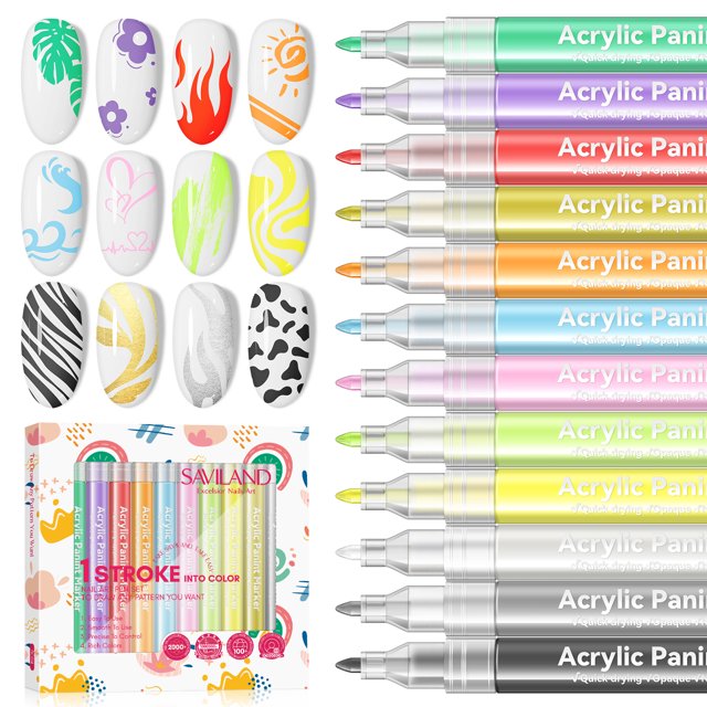 Saviland 12 Colors Nail Art Pens Kit 3D Polish Markers with Fine Tip