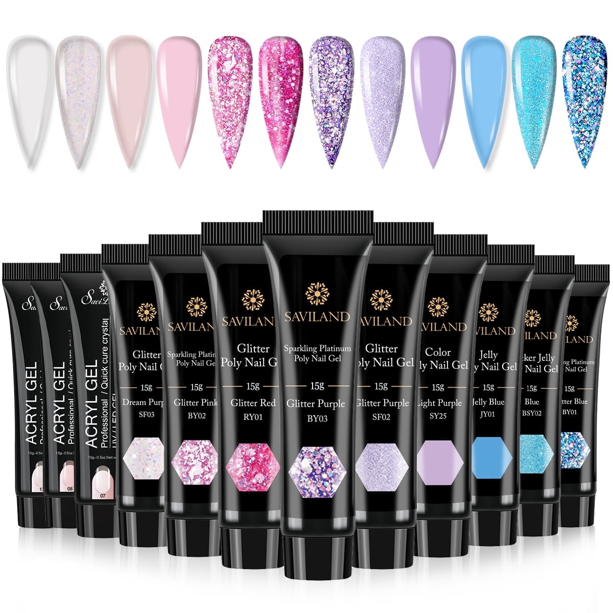 Saviland 12 Colors Poly Nail Gel Kit Glitter Sparkling Poly Gel