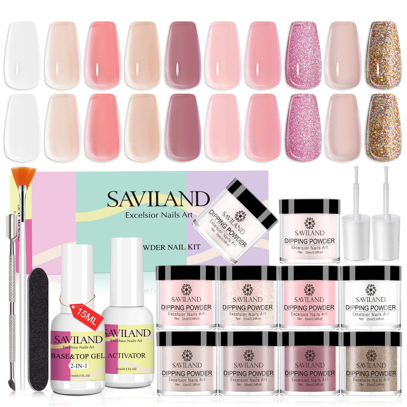 Saviland 17PCS Dip Powder Nail Kit with Everything 10 Colors Dipping