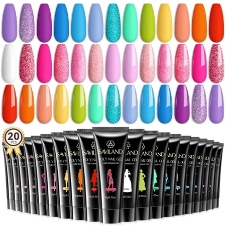 Saviland 20 Colors Poly Nail Gel Set - Poly Gel Summer Pink Purple Blue Bright Color Collection Poly Extension Gel Nail Enhancement French Manicure