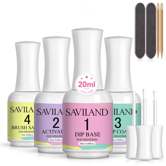 Saviland 20ML Dip Powder Liquid Set - Dip Powder Nail Kit With Dip Powder Activator, Base and Top Coat, Brush Saver and Nail File for Beginners