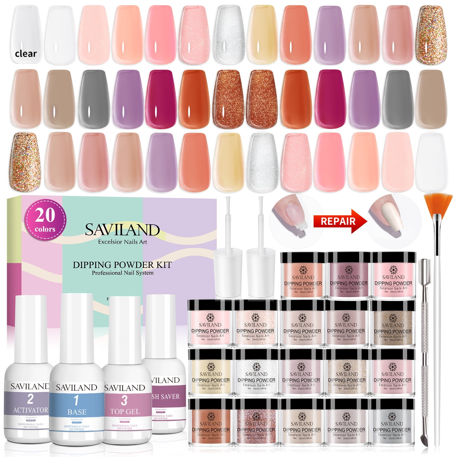 Saviland 29Pcs Dip Powder Nail Kit 20 Colors Dipping Powder and Dip