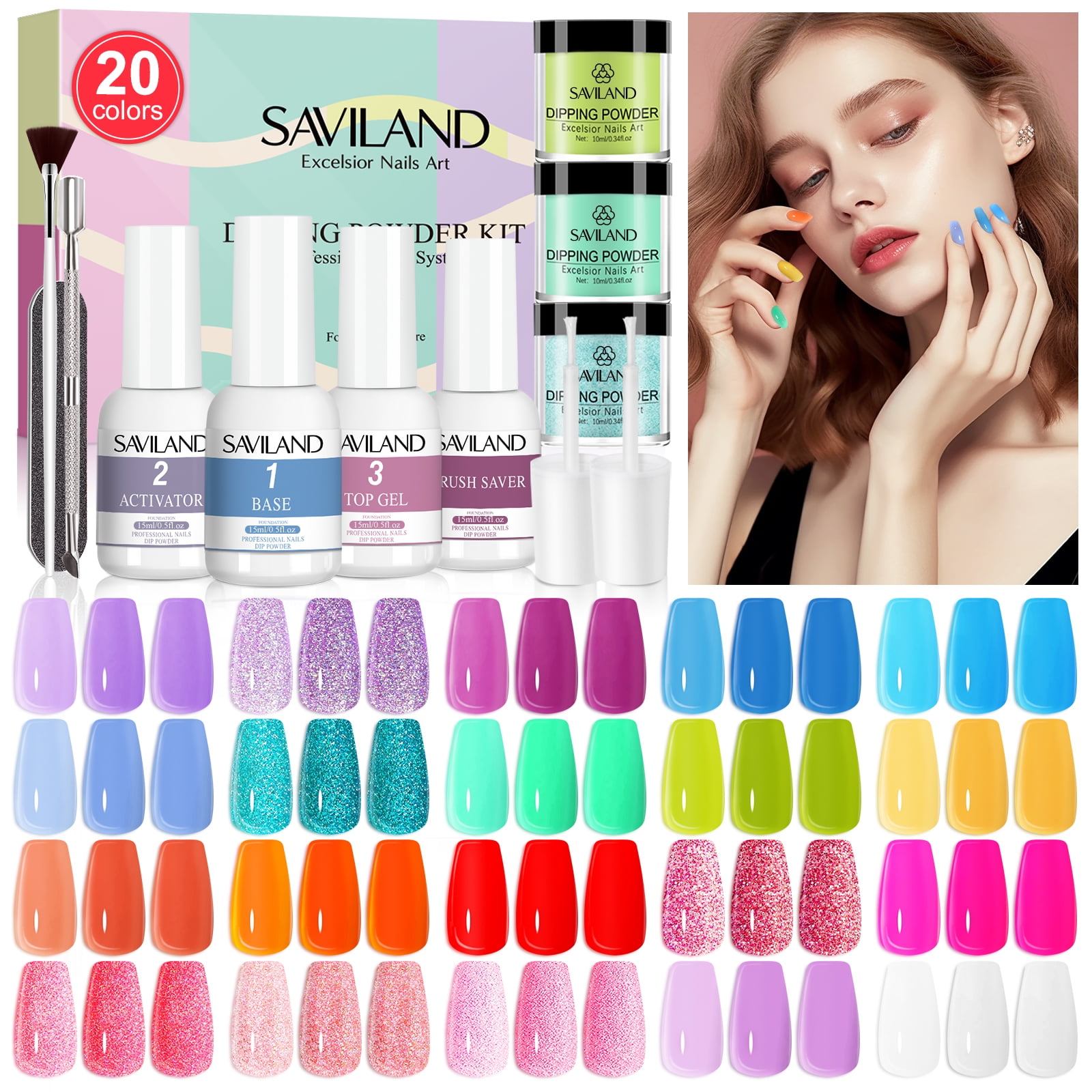 Saviland 29Pcs Dip Powder Nail Kit with Everything 20 Colors Dipping