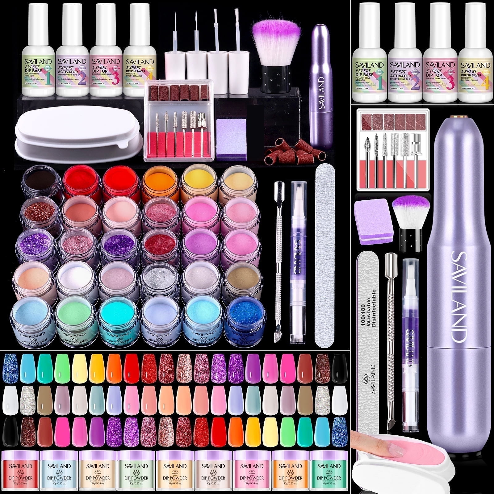 Saviland 30 Colors Keratin Dip Powder Nails Kit with Drill - Dipp Powder Liquids Set with Base and Top Coat Activator Brush Saver, Cuticle Oil