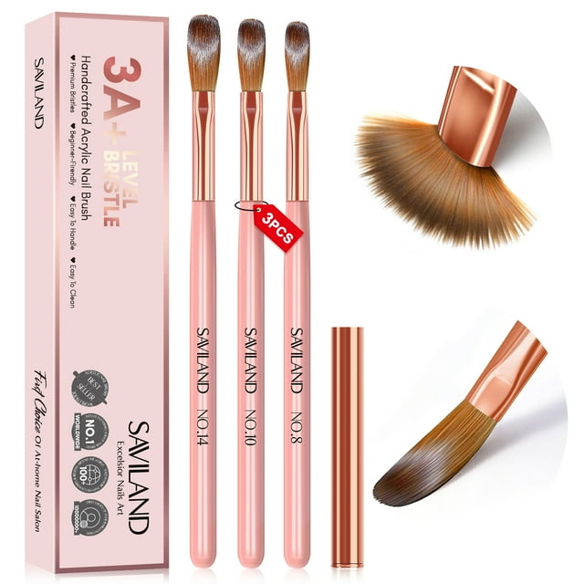 Saviland 3Pcs Acrylic Nail Brushes Sets - Nail Art Brush for Acrylic Powder Application Extension(Size 8/10/14)