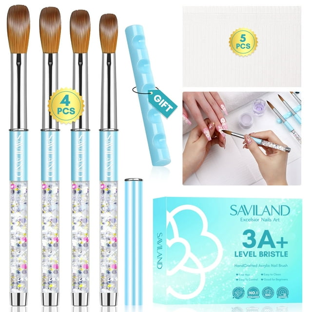 Saviland 4Pcs Acrylic Nail Brush Set - Nail Art Brushes for Acrylic Application Nails Extension & Carving (Size 8#10#14#16#)