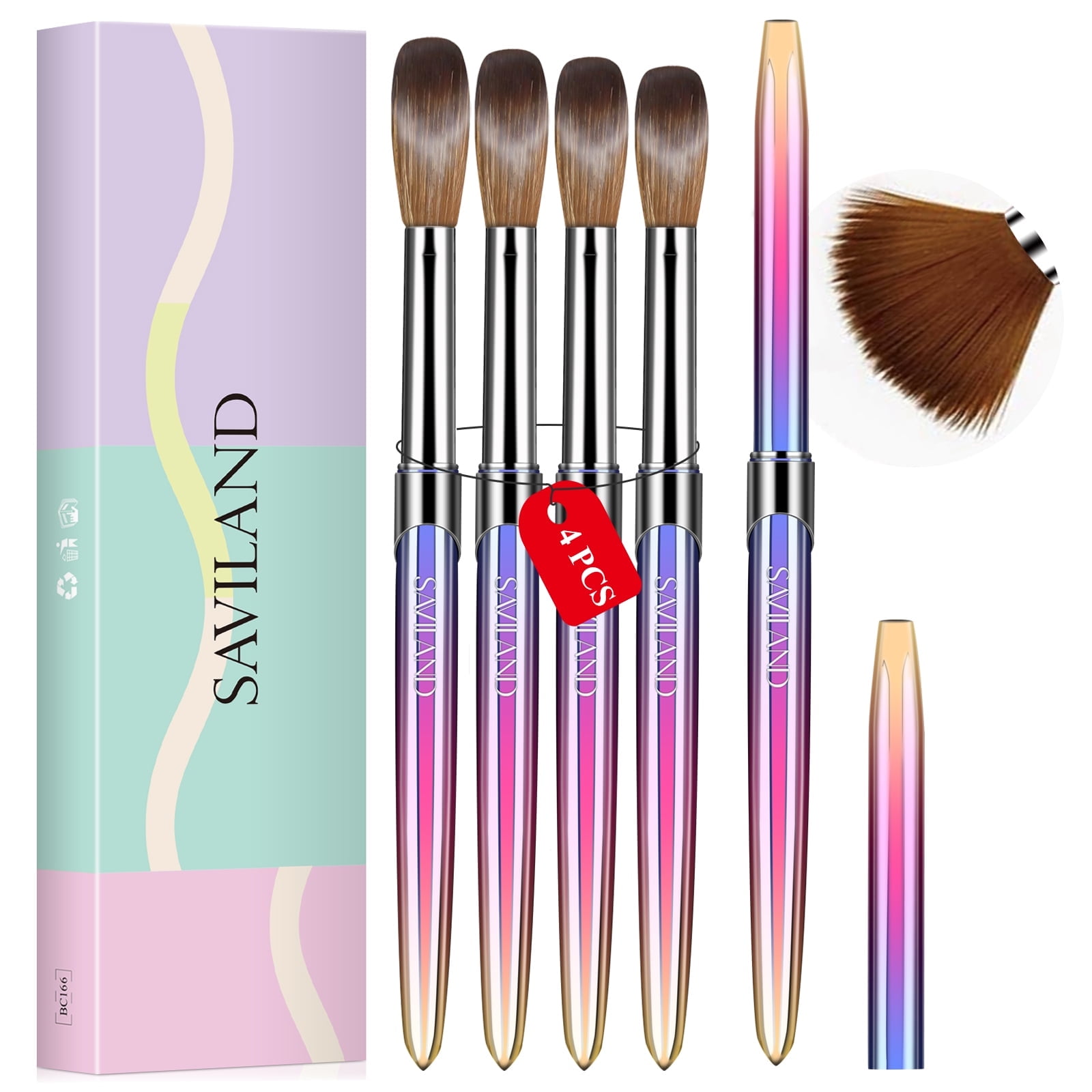 Saviland 7PCS Acrylic Nail Brush Set,Nail Brushes For Acrylic Application  Size 6/8/10/12/14/16/18, Rainbow With Wooden Handle Acrylic Powder Brushes  For Nail Extension 3D Carving For Beginners