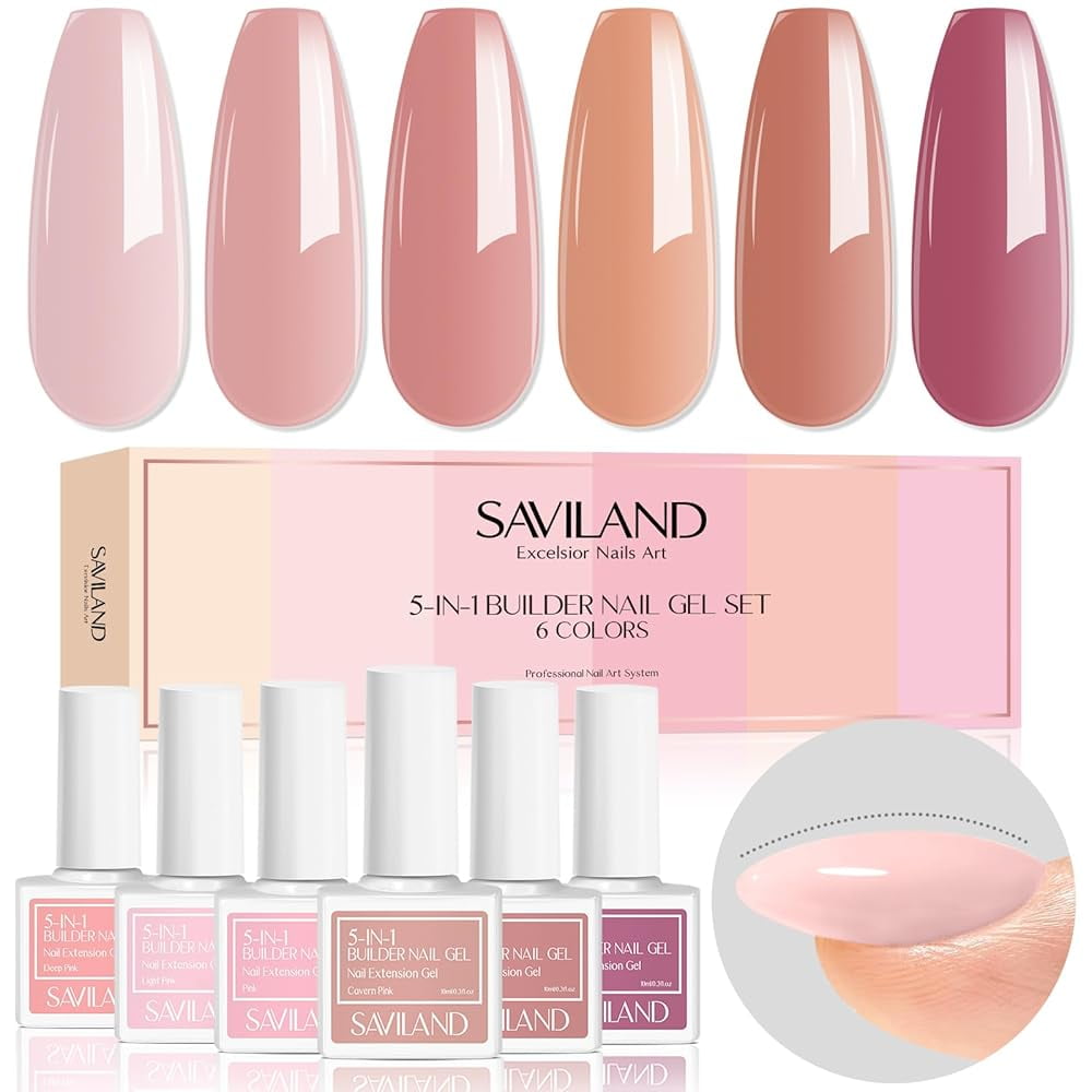 Saviland 5-in-1 Builder Nail Gel Kit, 6 Nude Pink Colors, 10ML