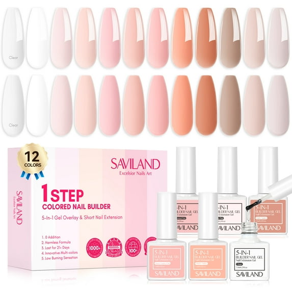 Saviland 5-in-1 Builder Nail Gel Set - 12 Colors Clear Milky Pink Nudes Base Strengthening Gel Nail Polish for Natural Nail Extensions Nail Art