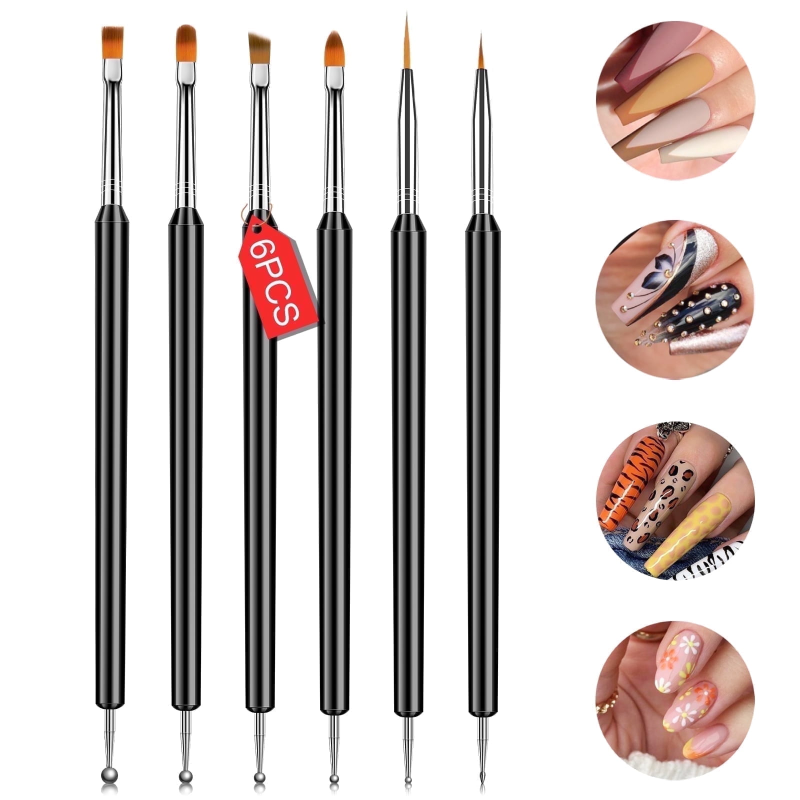 SAVILAND 6Pcs Double-End Nail Art Brushes Kit -Multifunctional Detail Nail Art Tools Kit with Painting Dotting Liner Pen for Gel Nail Polish