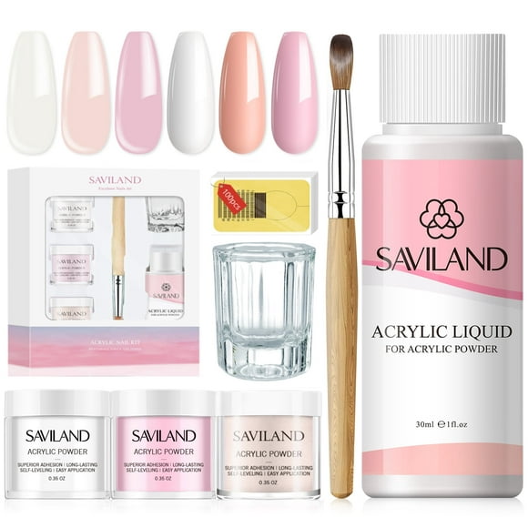 Saviland Acrylic Nail Kit - 3 Colors Clear/Pink/Nudes Acrylic Powder and Liquid Set with Monomer Acrylic Liquid, Acrylic Nail Brush and Nail Forms for Beginner