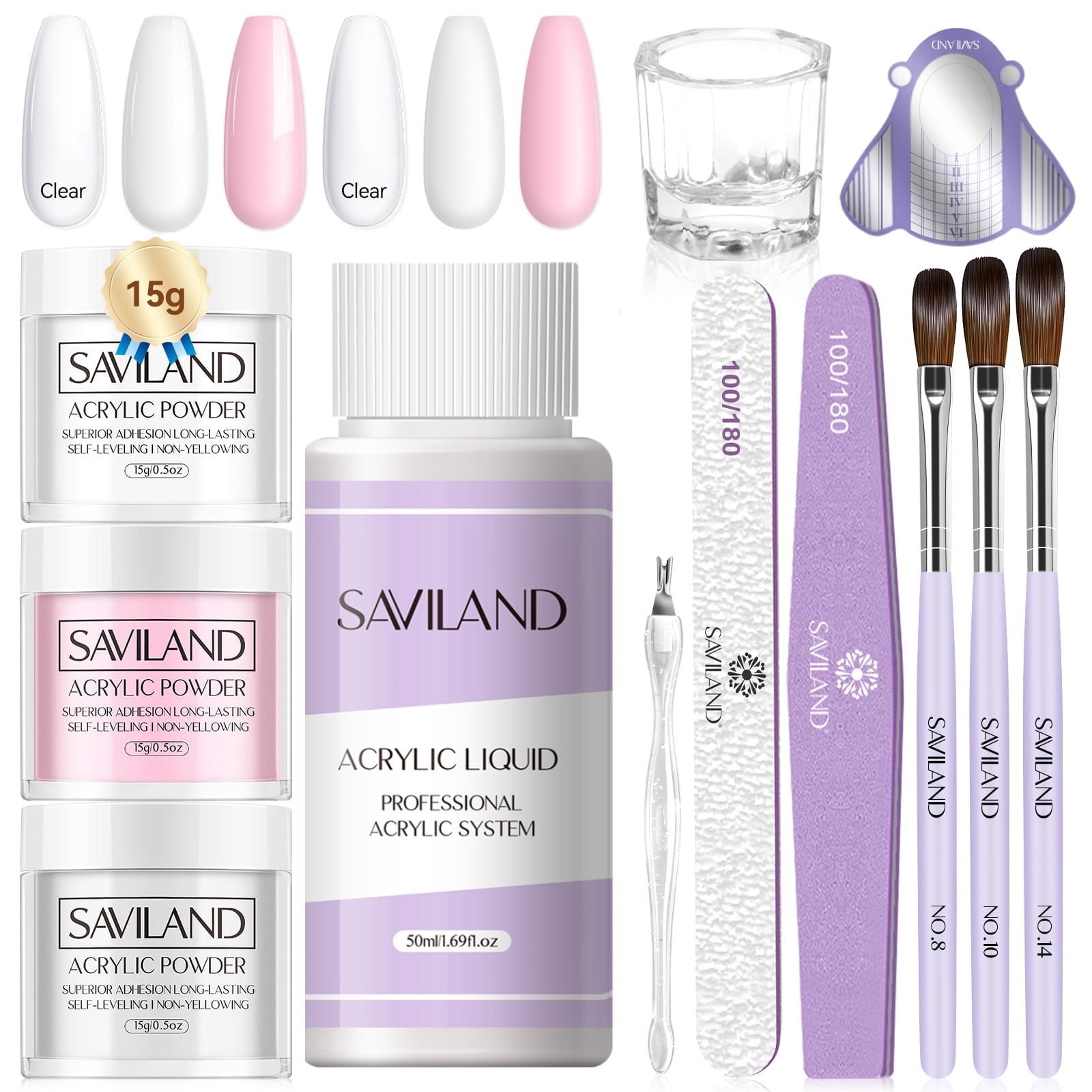 Saviland Acrylic Nail Kit - 3 Colors White/Pink/Clear Acrylic Powder ...
