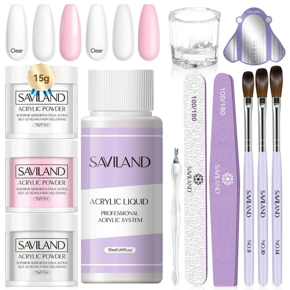 Saviland Acrylic Nail Kit - 3 Colors White/Pink/Clear Acrylic Powder and Liquid Set with Mononer Acrylic Liquid, Acrylic Nail Brush for Nail Extension for Beginners
