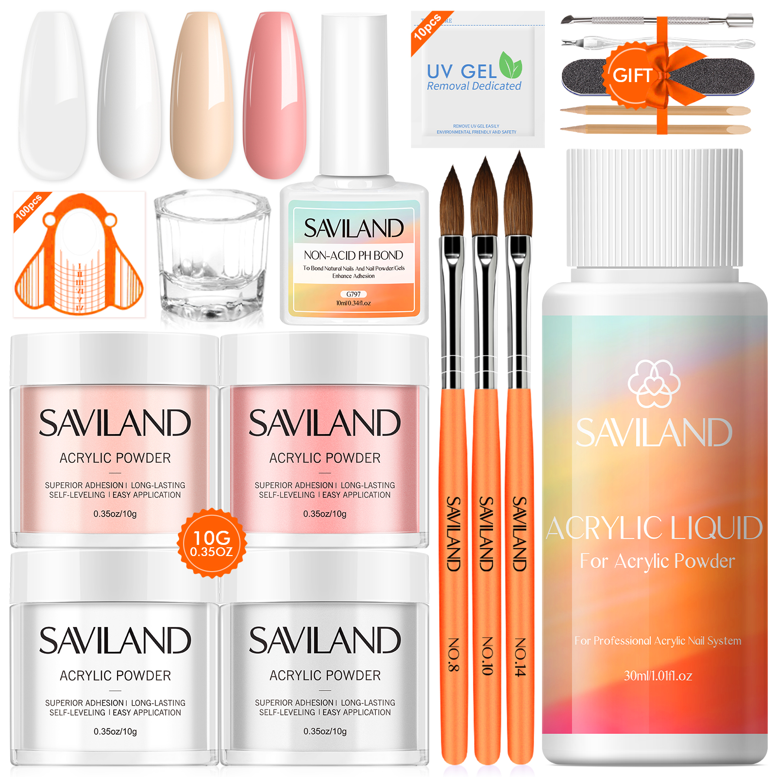 Saviland Acrylic Nail Kit- 4 Colors Clear/Pink/White/Nudes Acrylic Powder Set with Monomer Acrylic Liquid, Acrylic Nail Brush, Acid-Free Primer for Nail Extension with Everything - image 1 of 10