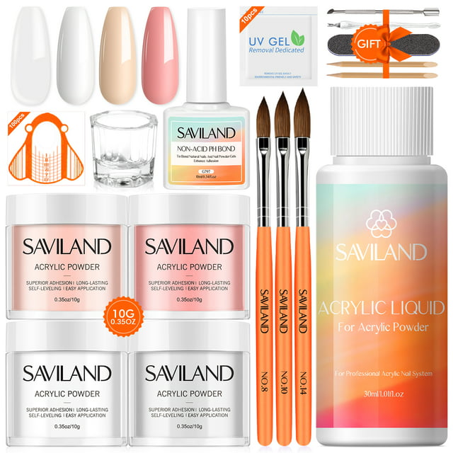 Saviland Acrylic Nail Kit- 4 Colors Clear/Pink/White/Nudes Acrylic Powder Set with Monomer Acrylic Liquid, Acrylic Nail Brush, Acid-Free Primer for Nail Extension with Everything
