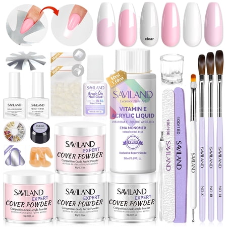 Saviland Acrylic Nail Kit - 4 Colors Acrylic Powder with Acrylic Liquid Nails Kit Acrylic Set Nail Art Kit Essential Oil Nail Sequins Nail Rhinestones for Acrylic Nail Extension Nail Carving