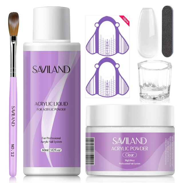 Saviland Acrylic Nail Kit - Clear Acrylic Powder and Acrylic Liquid Set with Acrylic Nail Brush Nail Forms for Beginners