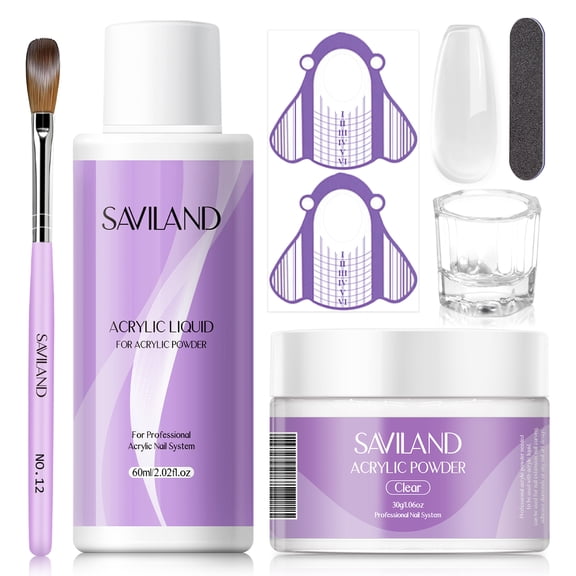 Saviland Acrylic Nail Kit - Clear Acrylic Powder and Acrylic Liquid Set with Acrylic Nail Brush Nail Forms for Beginners