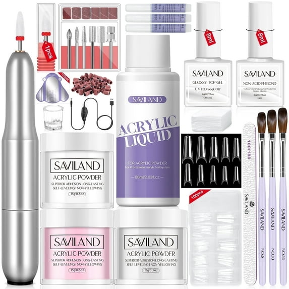 Saviland Acrylic Nail Kit Complete Set with Drill - Acrylic Powder and Acrylic Liquid Set with Acrylic Nail Brush, Electric Nail Drill, Nail Tips, Acid-Free Primer and Top Coat with Everything