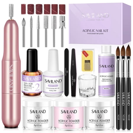 Saviland Acrylic Nail Kit Complete Set with Drill - White/Pink/Clear Acrylic Powder and Acrylic Liquid Set with Acrylic Nail Brush, Electric Nail Drill, Acid-Free Primer and Top Coat with Everything
