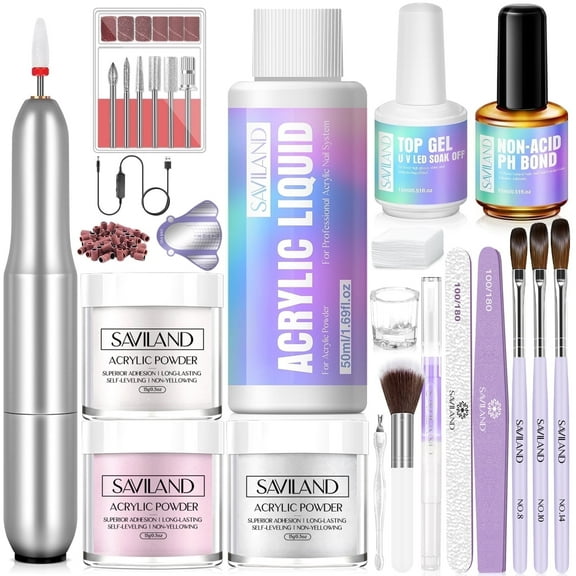 Saviland Acrylic Nail Kit Complete Set with Drill - White/Pink/Clear Acrylic Powder and Acrylic Liquid Set with Acrylic Nail Brush, Electric Nail Drill, Acid-Free Primer and Top Coat with Everything