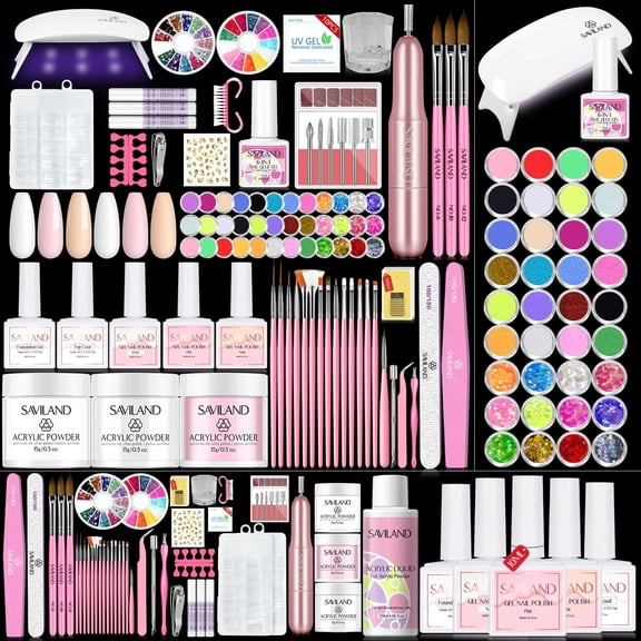 Saviland Acrylic Nail Kit with Nail Drill – Acrylic Powder And Liquid Set with Gel Nail Polish Nail Glue Gel Portable U V Light Nail Stuff Acrylic Nail Brush for Home DIY Salon Use