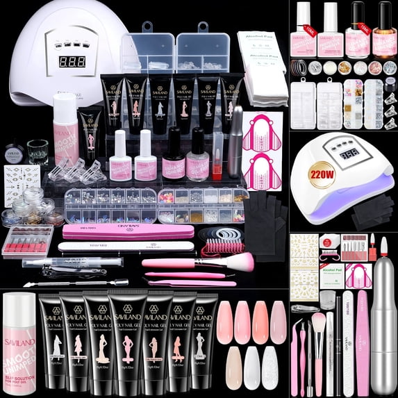 Saviland All-In-One Poly Gel Kit - 7Pcs Glitter Jelly Poly Gel Kit with U V Light ,Nail Drill ,Base & Top Gel ,Nail Dehydrator&Primer and Nail Decorations for Nail Extensions