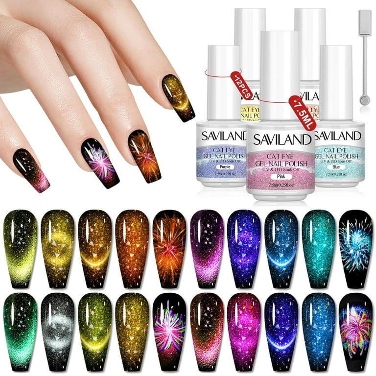 Saviland Cat Eye Gel Nail Polish Set, 12 Colors Magnetic Glitter