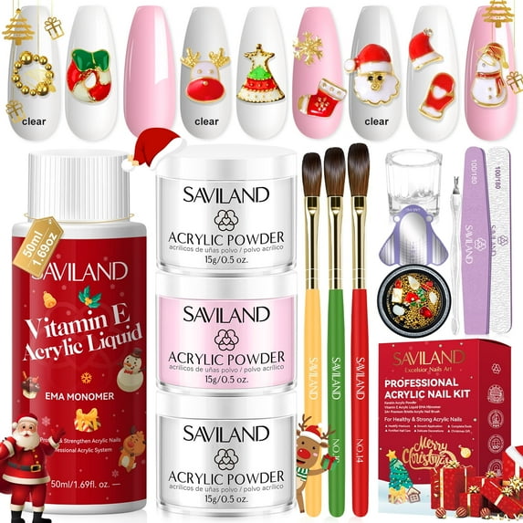 Saviland Christmas Acrylic Nail Kit– Acrylic Powder and Liquid Set Nail Tools Kit Acrylic Set Acrylic Nail Brushes for Beginners Nail Extension Acrylic Nails