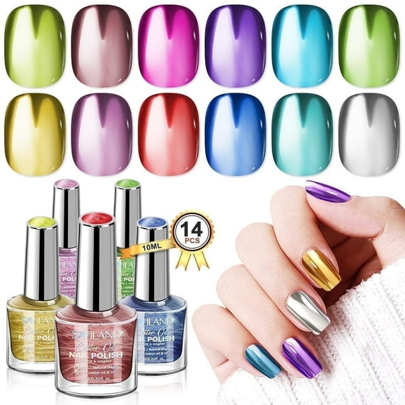 Saviland Chrome Nail Polish Set - 12 Color Metal Nail Polish Base and Top Polish Coat Quick Dry Vegan Cruelty-free Easy To Apply Ideal Gift for Beginner
