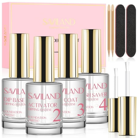 Saviland Dip Powder Liquid Set - Dip Powder Nail Kit With Dip Powder Activator, Base and Top Coat, Brush Saver and Nail File for Beginners