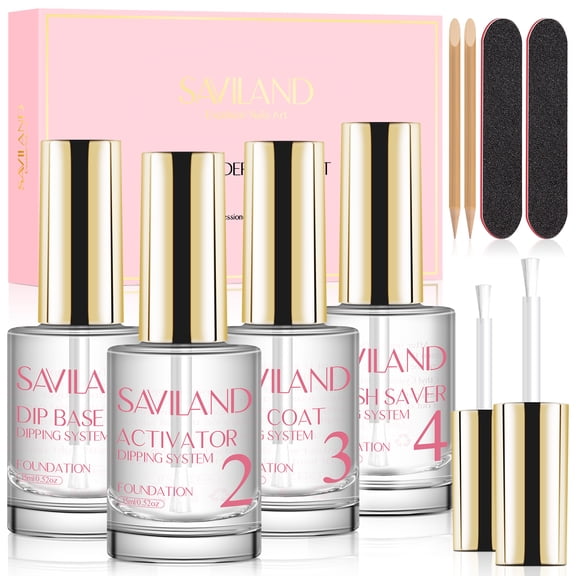 SAVILAND Dip Powder Liquid Set - Dip Powder Nail Kit With Dip Powder Activator, Base and Top Coat, Brush Saver and Nail File for Beginners